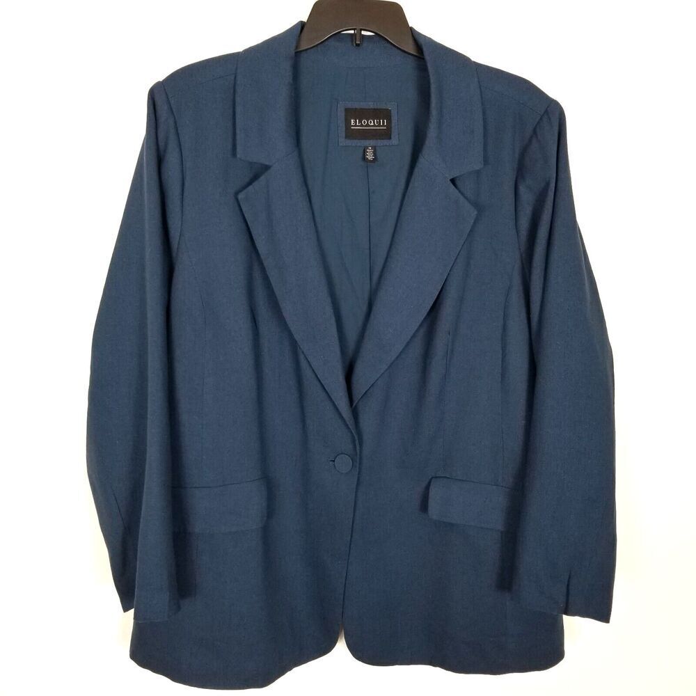 Eloquii Women Plus Relaxed One Button Blazer Sz 24 Linen Blend Blue Office City